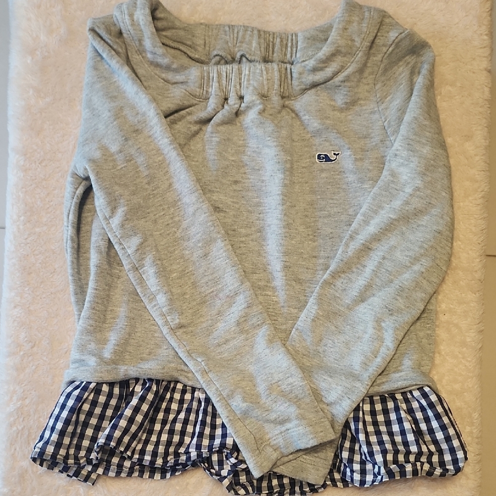 Vineyard Vines Gray Kids Sweater with Blue Checkered Hem
